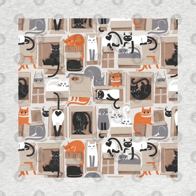 Purfect feline architecture // pattern // beige background cute cats in cardboard boxes by SelmaCardoso